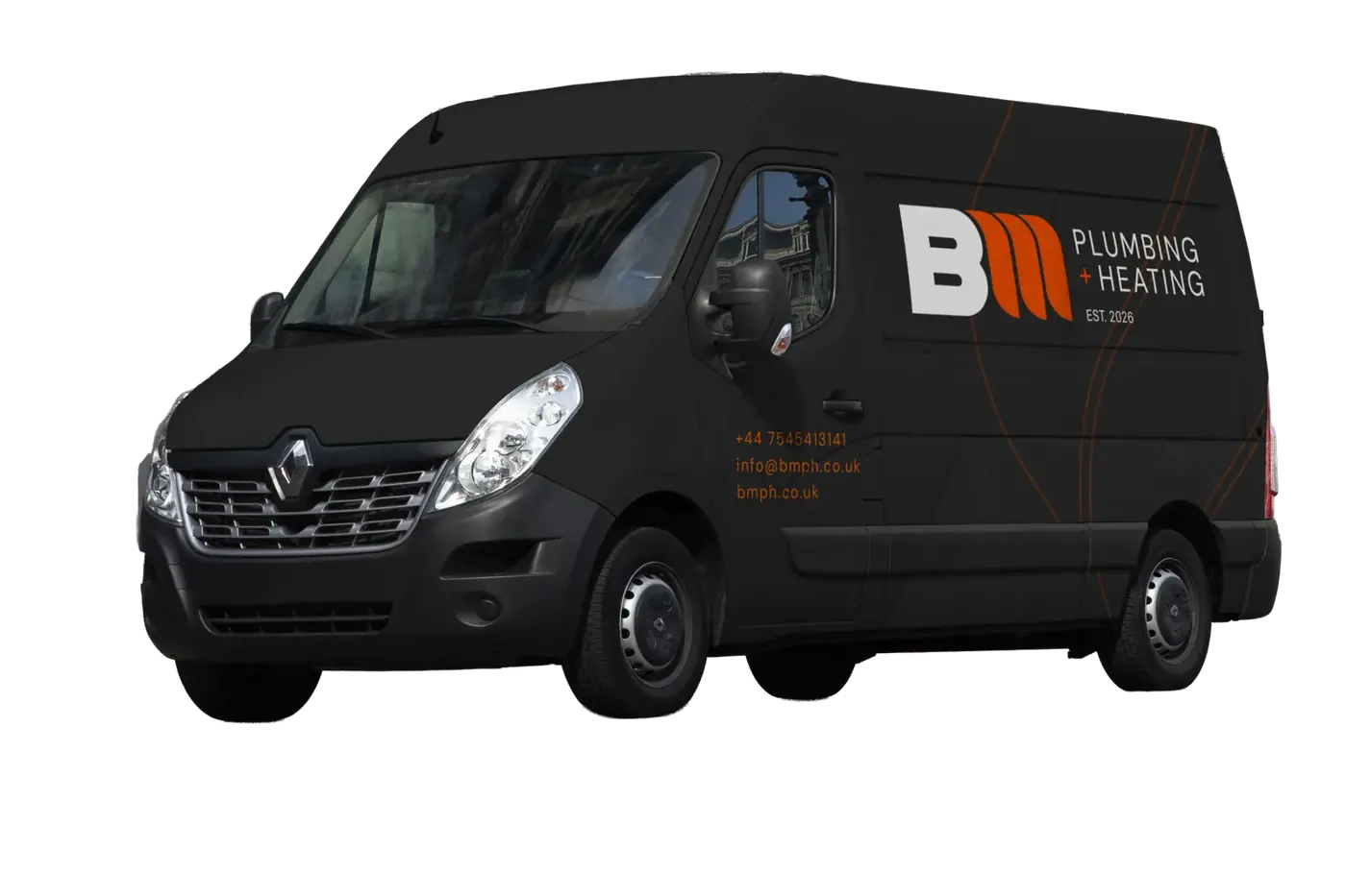A BM Plumbing + Heating van branded by The Trade Marks
