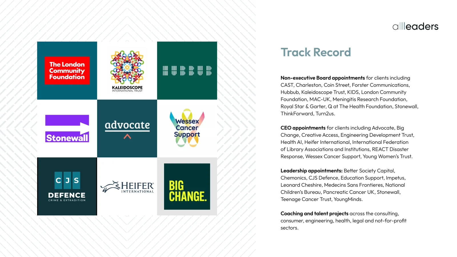 Track record page from the company overview document